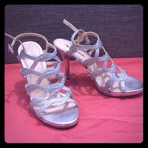 Silver Sequin Open Toe Heels